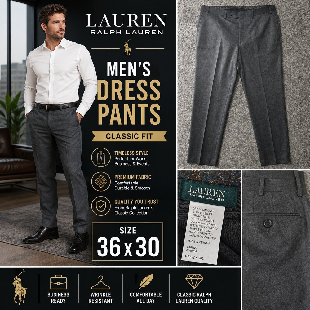 Lauren Ralph Lauren Mens Dress Pants 36x30 Charcoal Gray Classic Fit Flat Front
